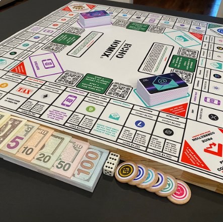 Echonomix Monopoly-style learning board game prototype with property cards, currency, and crypto-themed game tokens